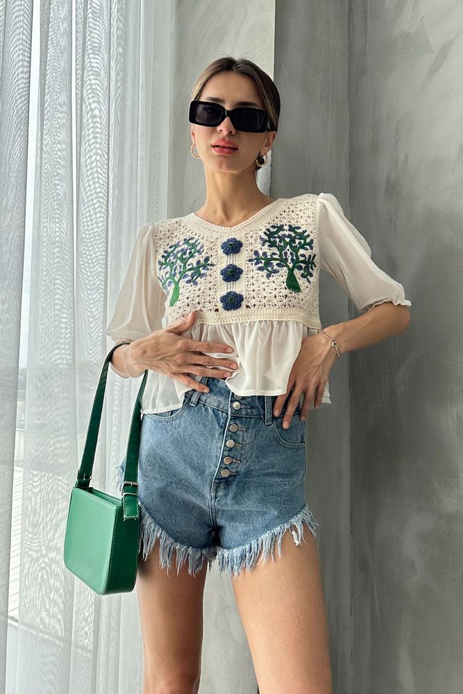 Topshow Taş Saks Çiçek Desenli Ham Toptan Bluz