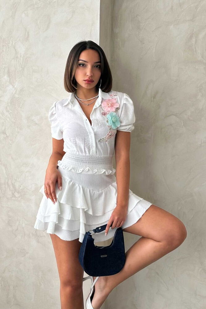 Topshow Krem Göğsü Çiçekli Keten Toptan Gömlek