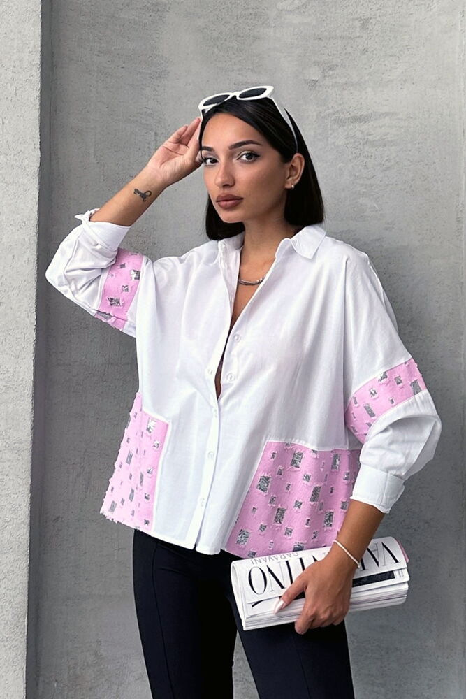 Topshow Pembe Dsn2 Pullu Kot Detaylı Toptan Gömlek