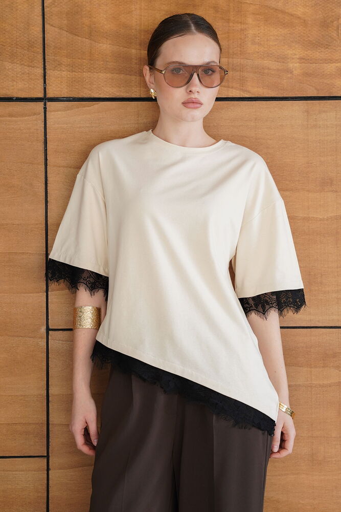 D 2956 DANTEL DETAYLI TİŞÖRT - HAM