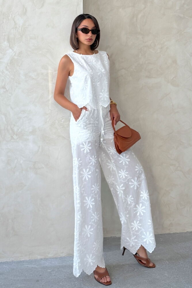 D 2913 NAKIŞLI PANTOLON - BEYAZ