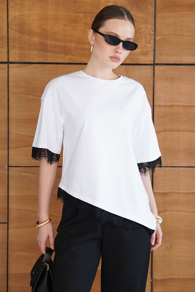 D 2956 DANTEL DETAYLI TİŞÖRT - BEYAZ