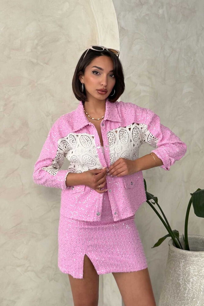 Dantel Detatlı Kot Ceket - Pembe Topshow