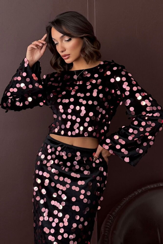F 1999 PULLU KADİFE BLUZ - SİYAH PEMBE