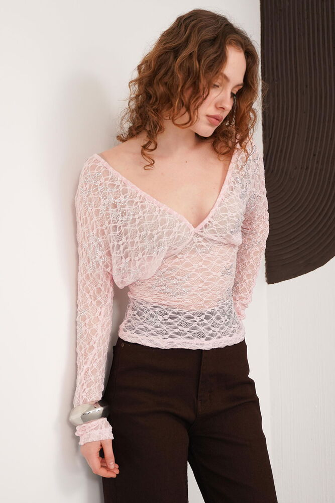 V  Yaka Güpür Toptan Bluz - Pembe | F2093 - Topshow