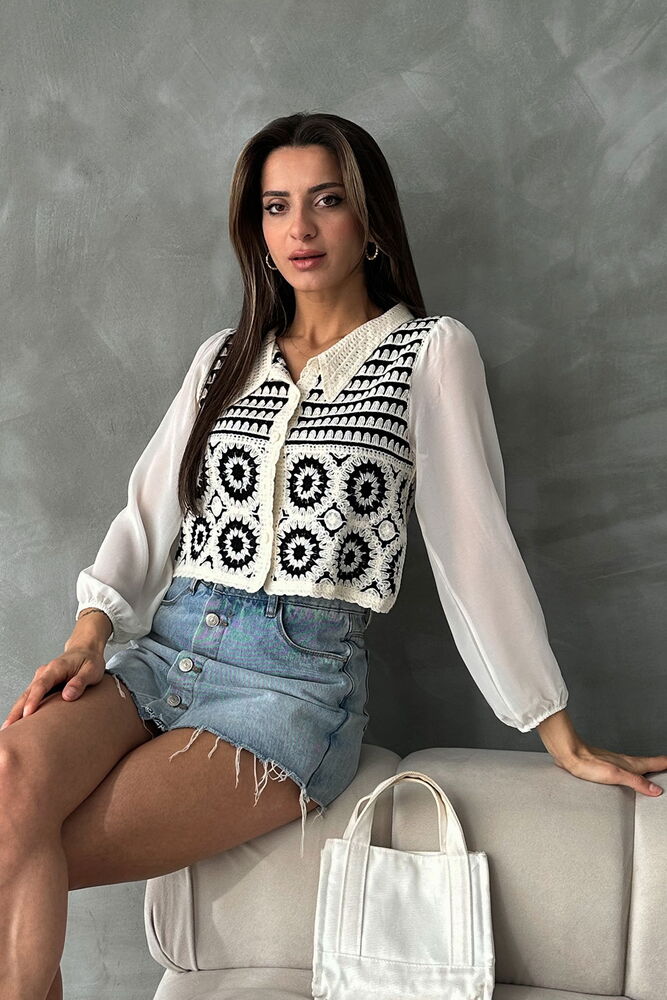 Çiçek Desenli Kısa Toptan Hırka | F0025 - Taş Siyah | TOPSHOW