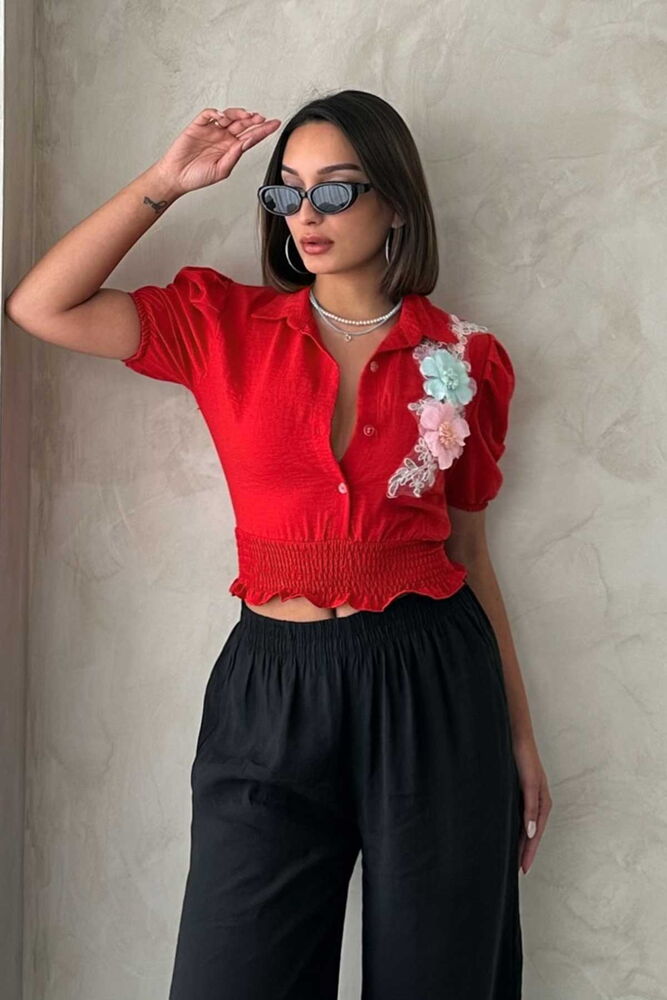 Topshow Kırmızı Göğsü Çiçekli Keten Toptan Gömlek