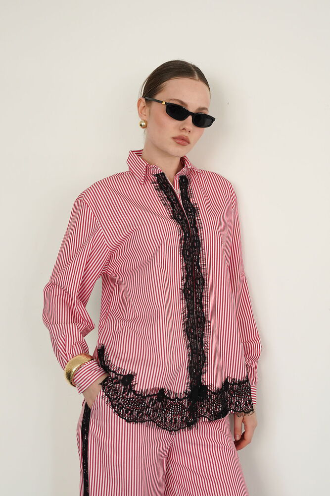 F 2082 DANTEL DETAYLI ÇİZGİLİ GÖMLEK - BORDO