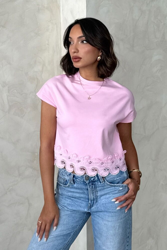 D 2924 GÜPÜR DETAYLI TİŞÖRT - PEMBE