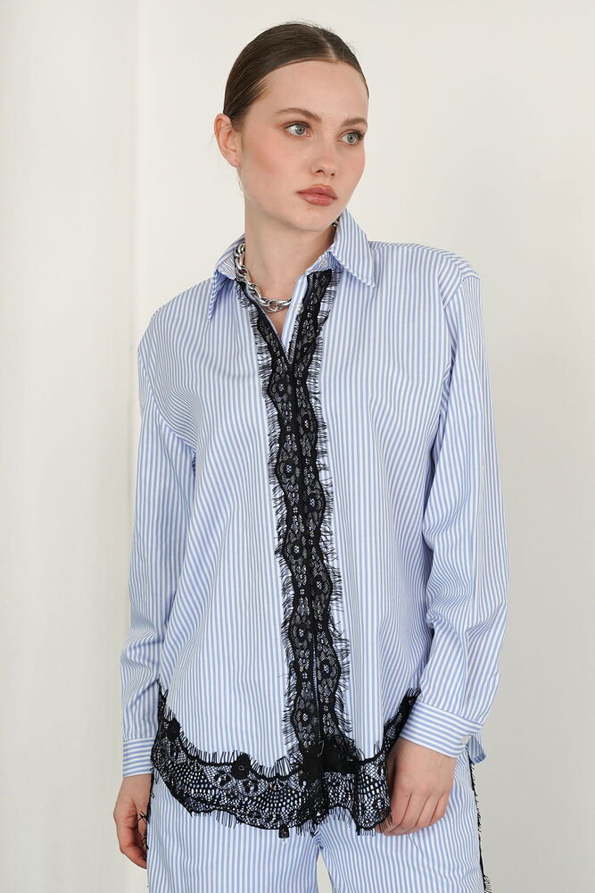 F 2082 DANTEL DETAYLI ÇİZGİLİ GÖMLEK - MAVİ