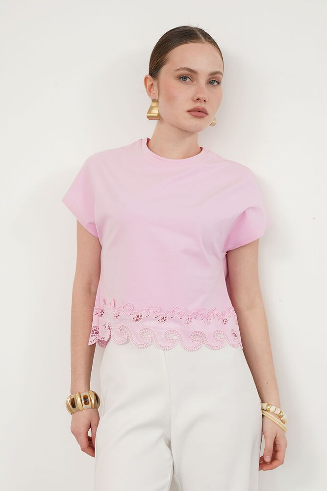 Güpür Detaylı Tişört - Pembe | Topshow
