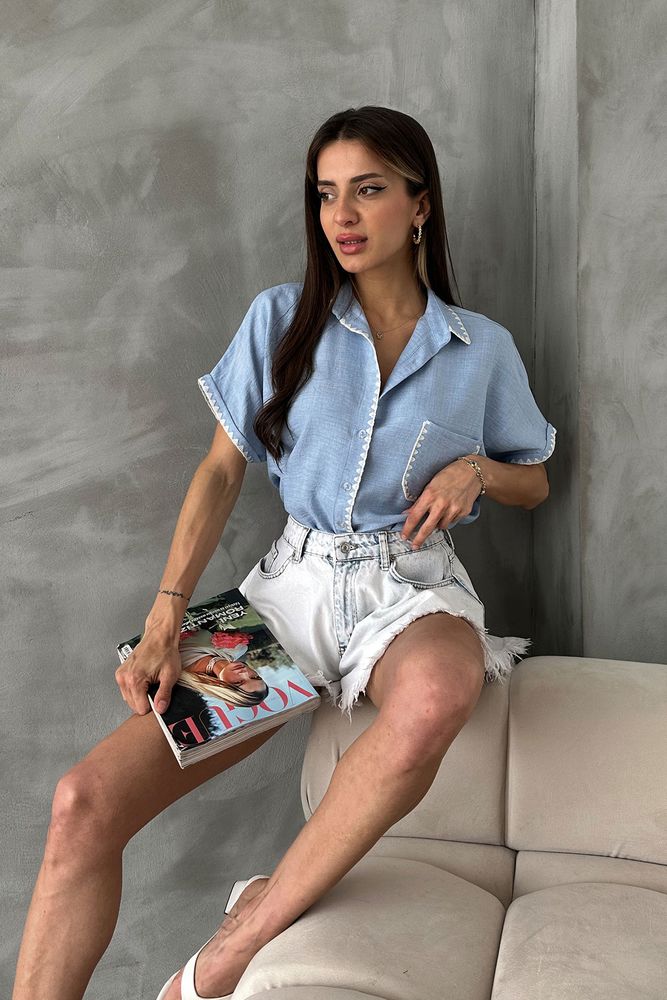 Topshow A Mavi Çoban Dikişli Keten Toptan Gömlek