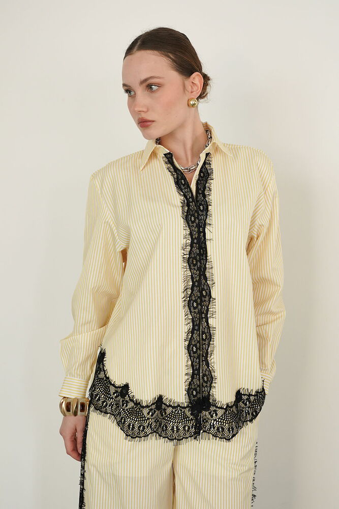 F 2082 DANTEL DETAYLI ÇİZGİLİ GÖMLEK - SARI