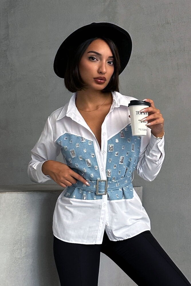 Topshow Mavi Dsn2 Pullu Kot Detaylı Kemerli Toptan Gömlek