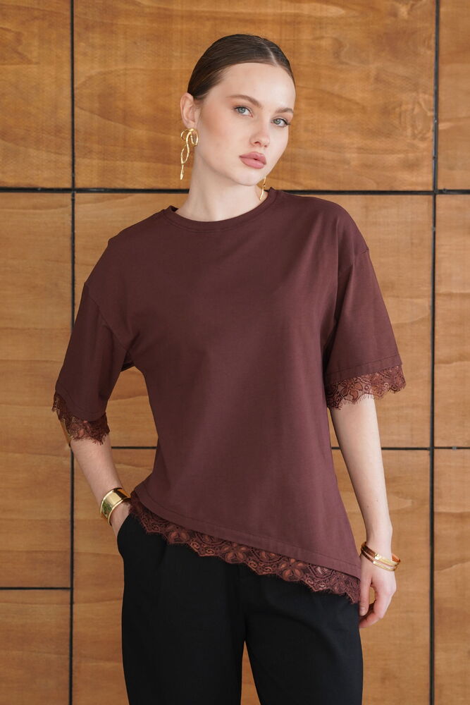 D 2956 DANTEL DETAYLI TİŞÖRT - KAHVE