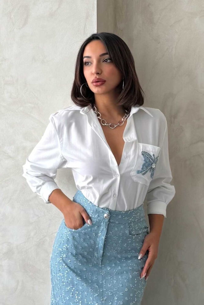 Kelebek Detaylı Poplin Gömlek - Krem | Topshow