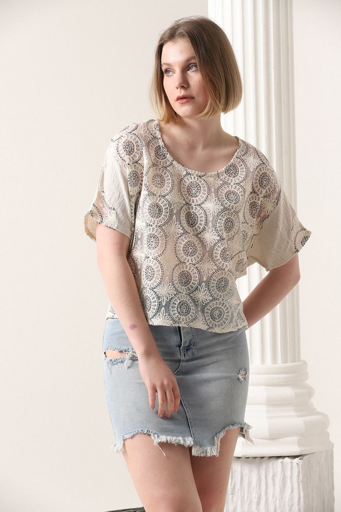 Topshow Taş Önü Fileli Bisiklet Yaka Toptan T-Shirt