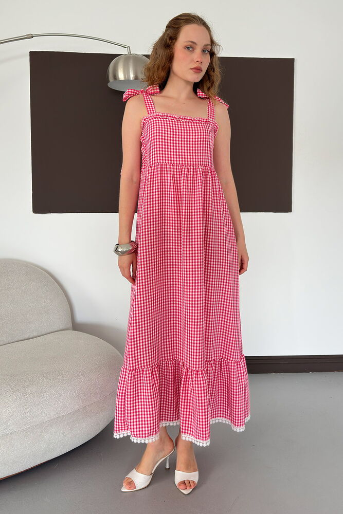 D 3108 OMUZ BAĞLAMALI FIRFIR YAKA PİTİKARE ELBİSE - PEMBE