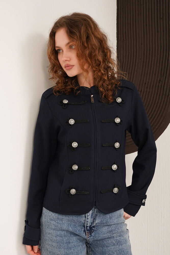 Hakim Yaka Omuzu Ve Kol Ucu Apoletli Toptan Ceket - Lacivert | F2097 - Topshow