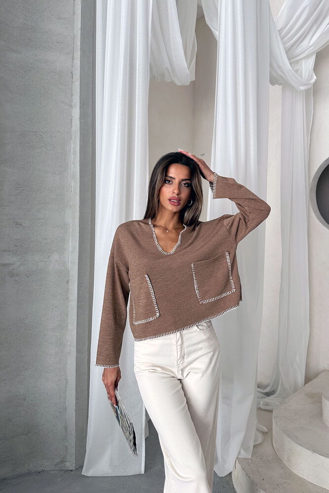 Topshow Kahve Çoban Dikişli Triko Toptan Bluz F1652