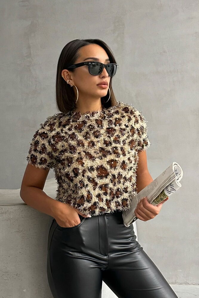 Topshow L.Pullu Leopar Saçak Pullu Toptan T-Shirt