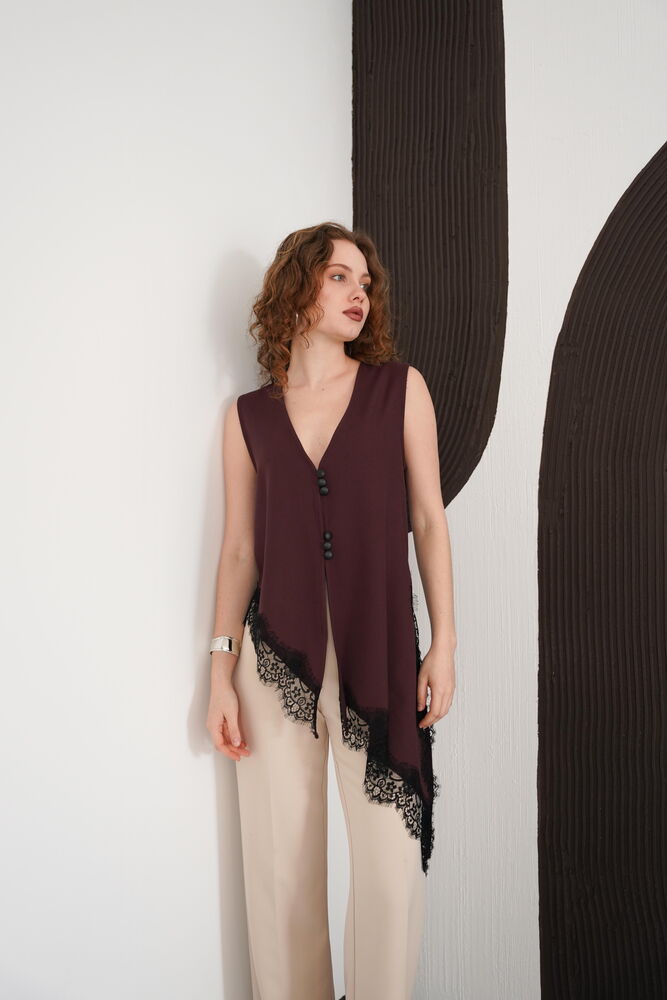 Sıfır Kol Toptan Etek Ucu Dantel V Yaka Toptan Bluz - Mürdüm | D2993 - Topshow