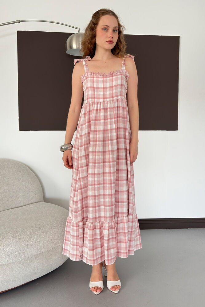 D 3109 OMUZ BAĞLAMALI FIRFIR YAKA ELBİSE - PEMBE