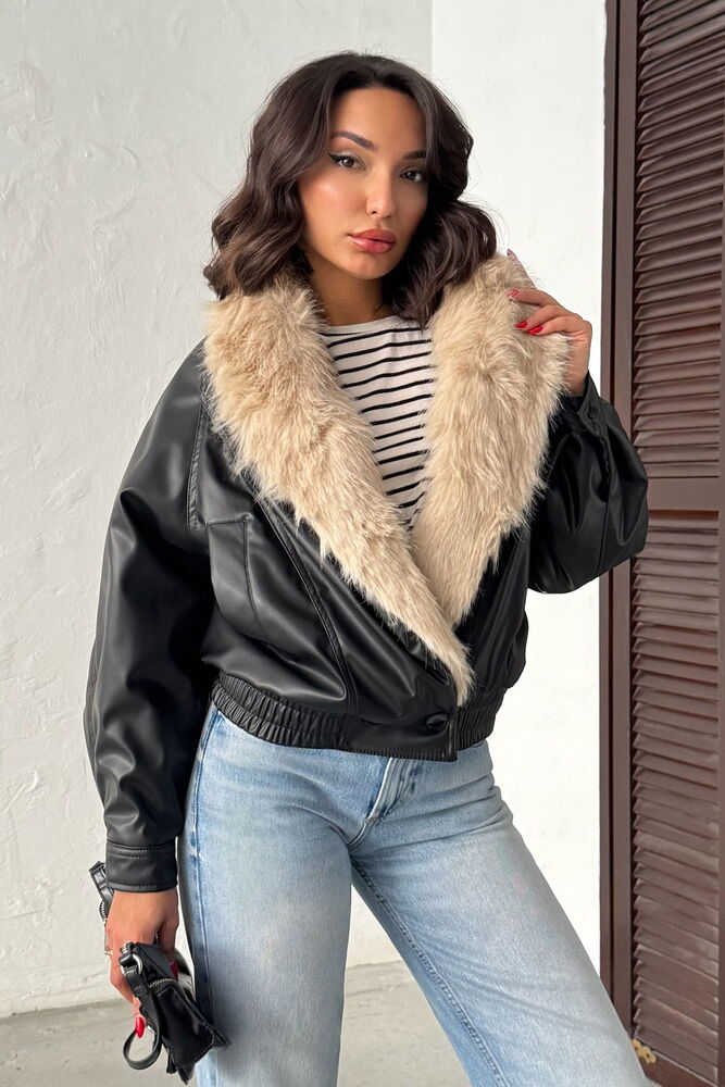 F 2050 YAKASI KÜRKLÜ KRUVAZE DERİ MONT - SİYAH TAŞ