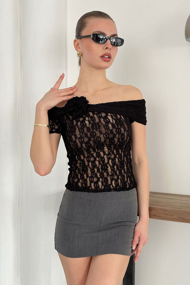 Gül Detaylı Dantel Toptan Abiye Bluz- Siyah | TOPSHOW