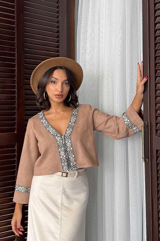 Topshow Şerit Detaylı Scuba Süet Fermuarlı Ceket - VİZON | F1971