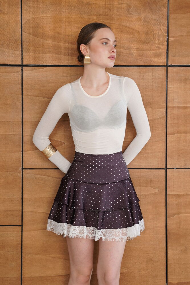 D 2962 PUANTİYELİ DANTEL DETAYLI SATEN ETEK - KAHVE