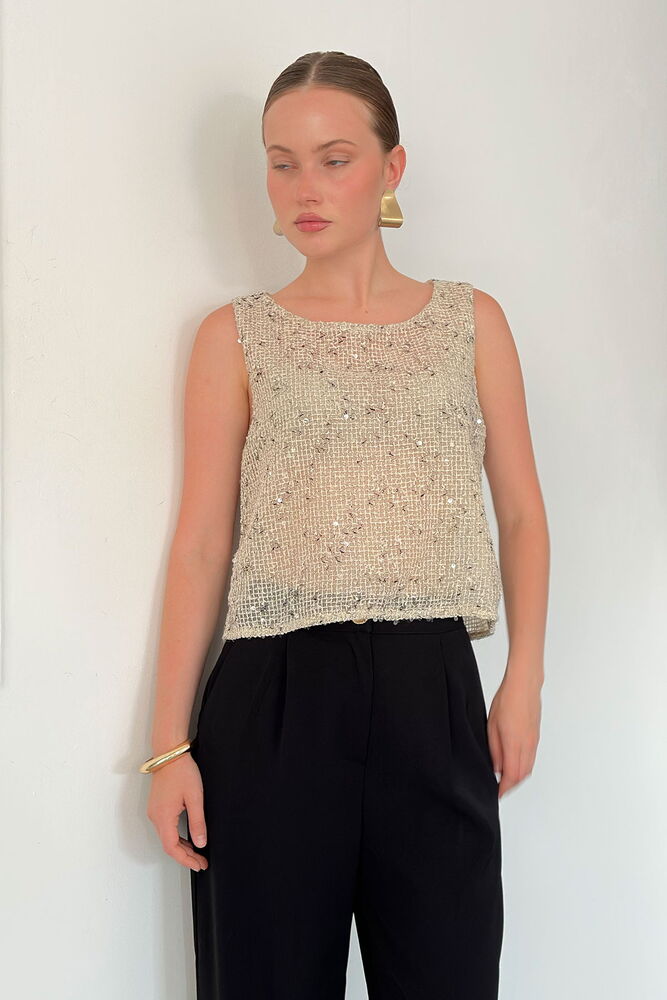 D 3117 PULLU BİSİKLET YAKA KOLSUZ BLUZ - TAŞ