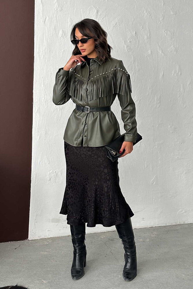 F 2043 DROPLU PÜSKÜLLÜ SUNİ DERİ GÖMLEK - HAKİ