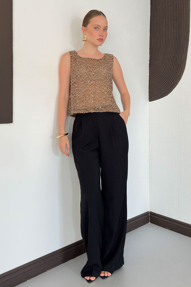 D 3117 PULLU BİSİKLET YAKA KOLSUZ BLUZ - KAHVE