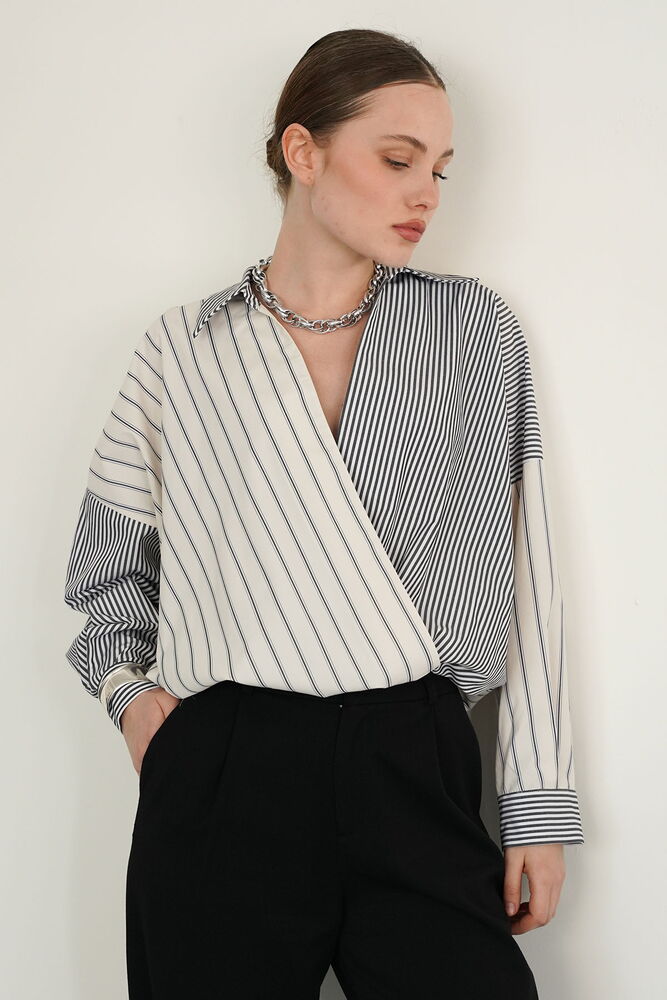 F 2094 YAKADAN ETEK UCUNA CAPRAZ DİKİM GÖMLEK - TAŞ SİYAH