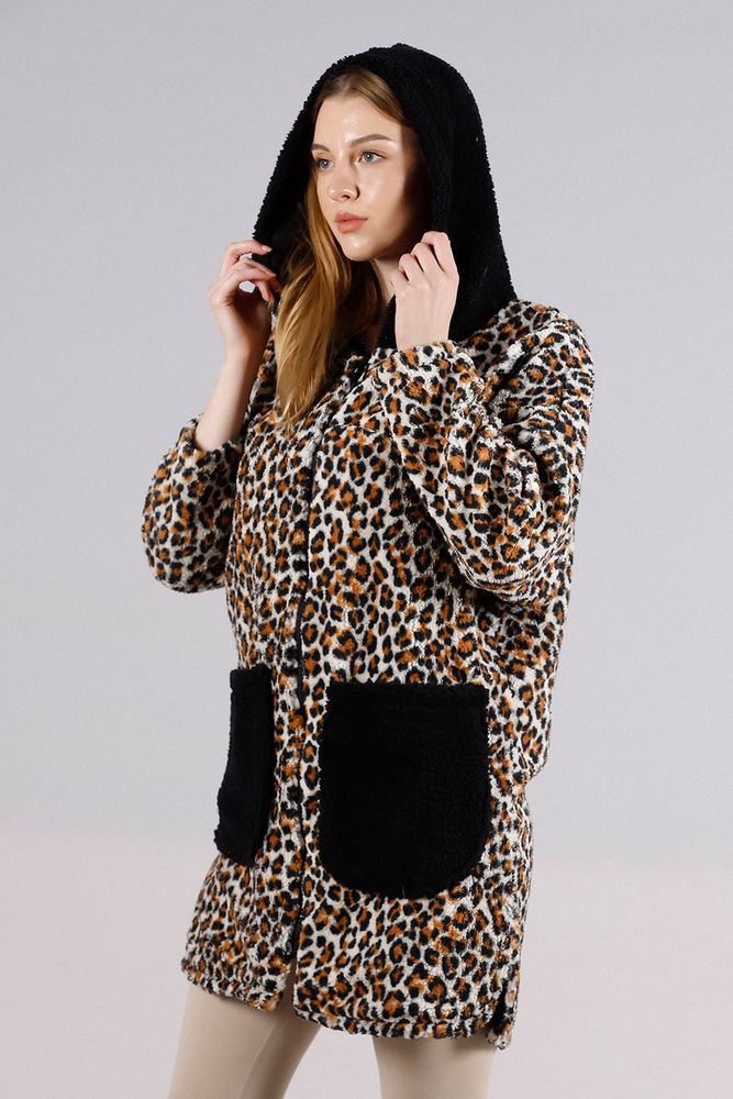 Topshow Leopar Fermuarlı Cepli Toptan Kaban