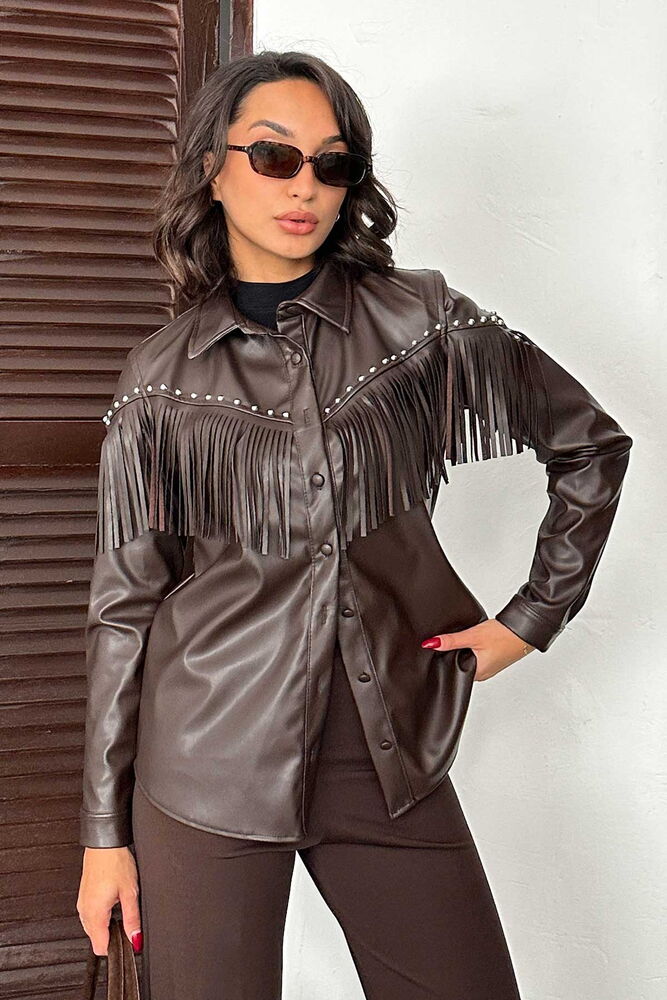 F 2043 DROPLU PÜSKÜLLÜ SUNİ DERİ GÖMLEK - KAHVE