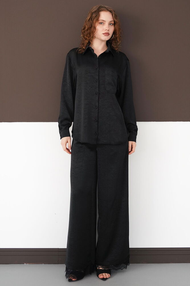 Pileli Paça Ucu Dantel Toptan Pantolon - Siyah | F2102 - Topshow