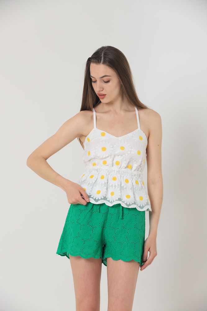Topshow Krem Papatya Desenli Toptan Bluz
