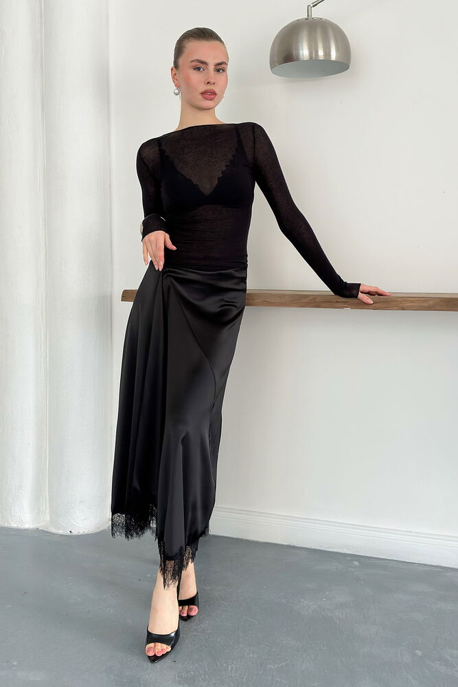 Topshow | Dantel Detaylı Saten Etek - Siyah | D2930