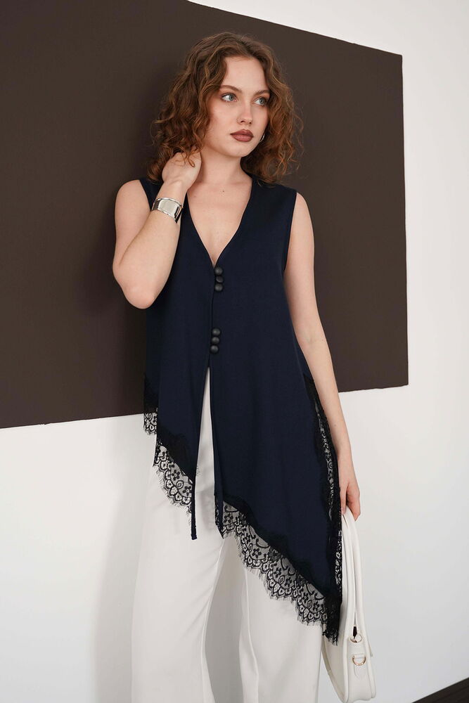 Sıfır Kol Toptan Etek Ucu Dantel V Yaka Toptan Bluz - Lacivert | D2993 - Topshow