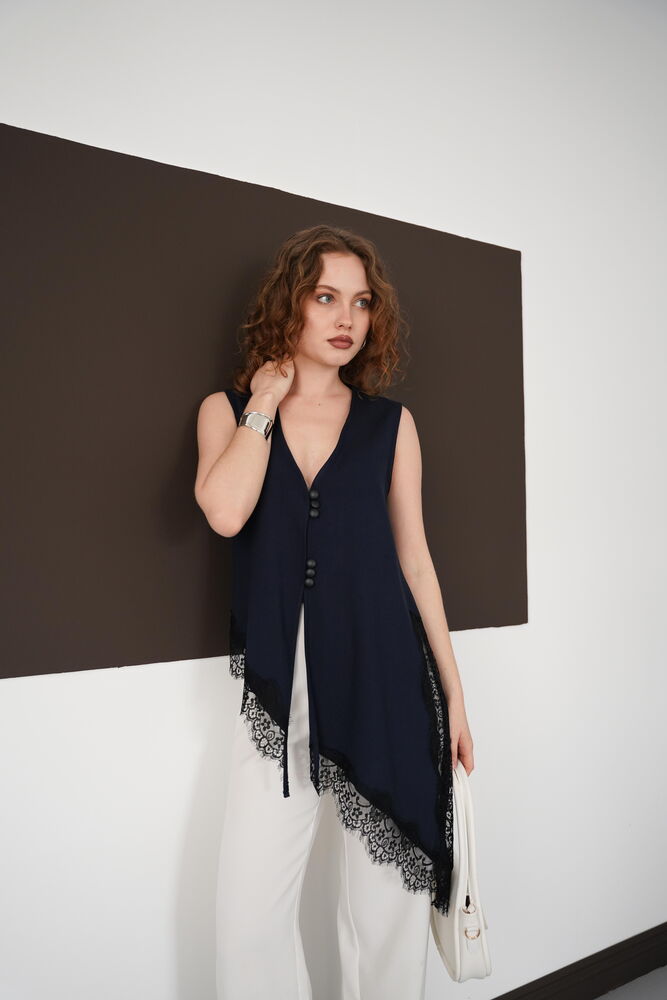 Sıfır Kol Toptan Etek Ucu Dantel V Yaka Toptan Bluz - Lacivert | D2993 - Topshow