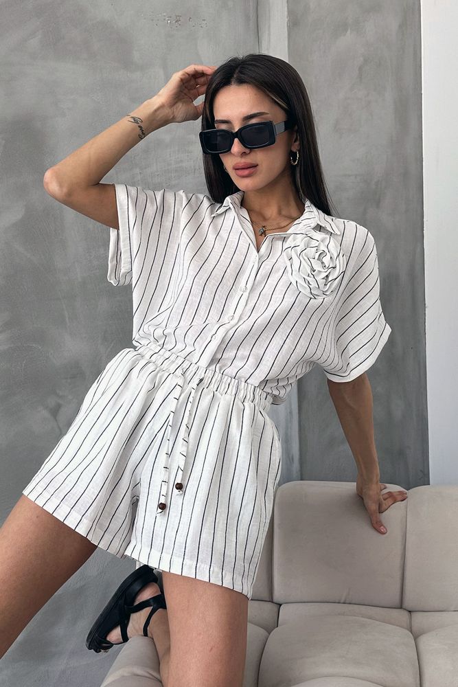 Topshow Beyaz Gül Detaylı Çizgili Toptan Gömlek