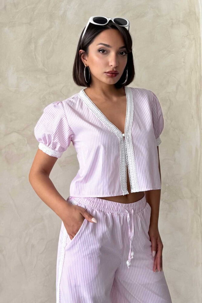 D 2868 GÜPÜR DETAYLI ÇİZĞİLİ BLUZ - PEMBE