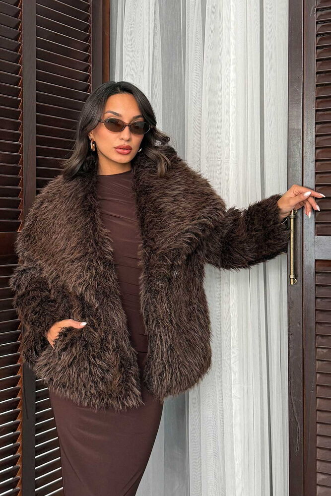 Yapay Kürk Kadın Toptan Mont – Kabarık Yumuşak Dokulu Kışlık Şık Dış Giyim - KOYU KAHVE
