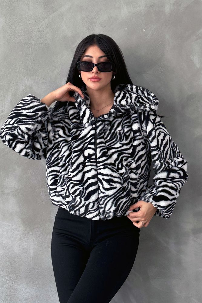 Leopar Bskılı Pejuş Toptan Mont - Siyah Zebra | TOPSHOW