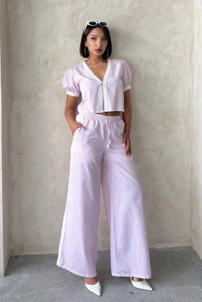 Güpür Detaylı Çizğili Pantolon - Pembe | Topshow