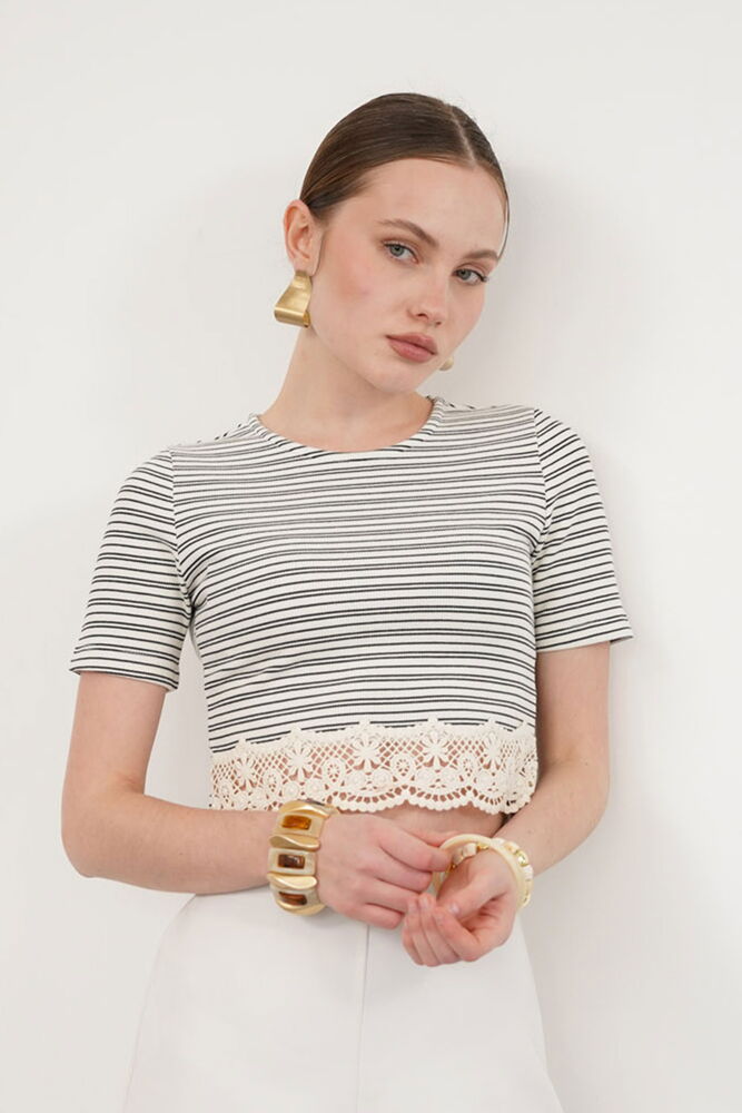 Topshow Lila Cizgili Eteği Dantelli Çizgili Toptan Bluz