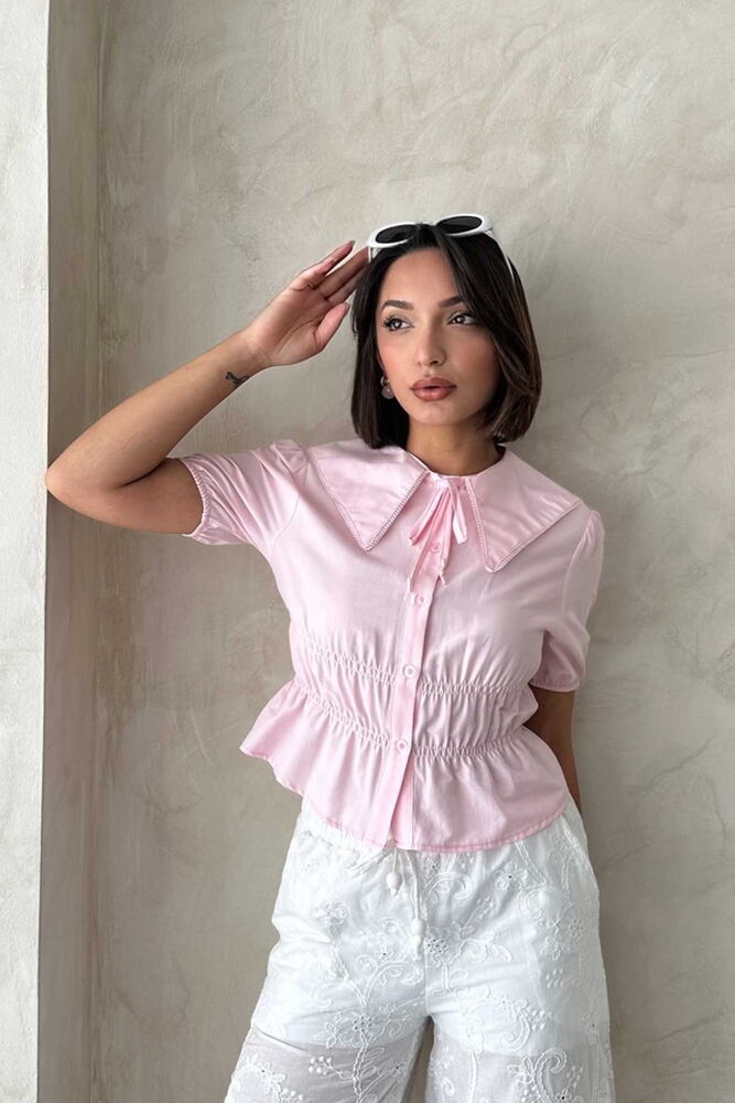 D 2813 YAKA DETAYLI BÜZGÜLÜ GÖMLEK - PEMBE