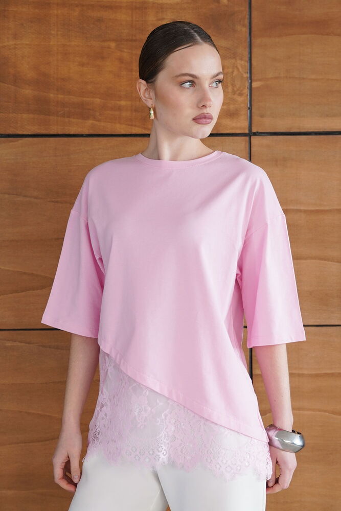D 2953 DANTEL DETAYLI ASİMETRİK TİŞÖRT - PEMBE